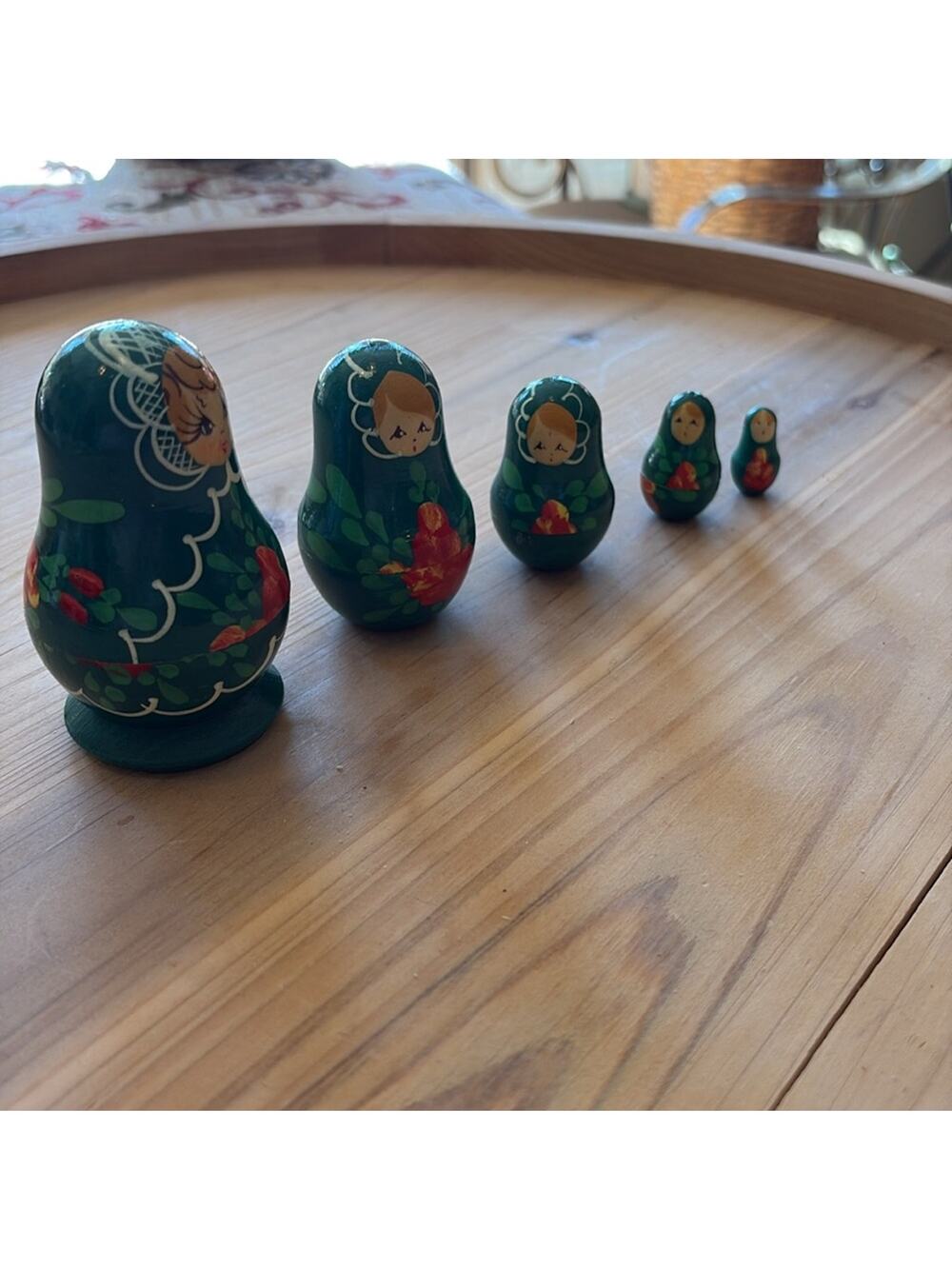 Vintage authentic Russian Green Matryoshka nesting Doll with Red Accents